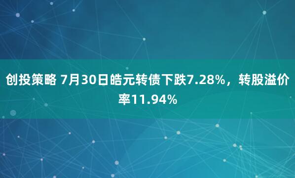 创投策略 7月30日皓元转债下跌7.28%，转股溢价率11.94%